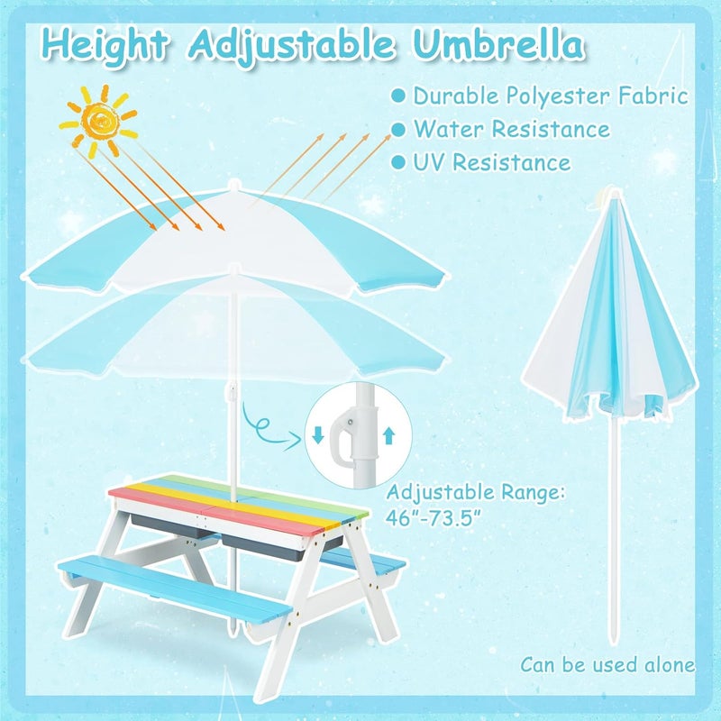 Olakids Kids Picnic Table, 4 in 1 Outdoor Toddler Sand Water Wooden Table and Chair Set with Removable Umbrella, Children Activity Furniture Bench Set for Patio Garden Backyard - Image 4